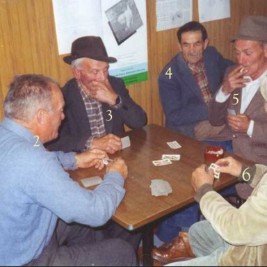 Men playing “Scopone” card game, 1987.